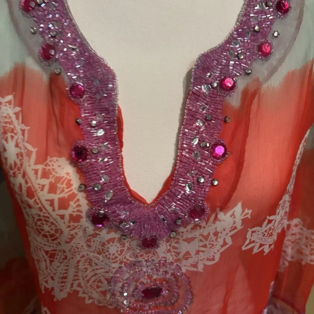 Cute Options Swimsuit Cover Beaded 3/4 Sleeve‎ Semi-Sheer Lightweight Size Small
